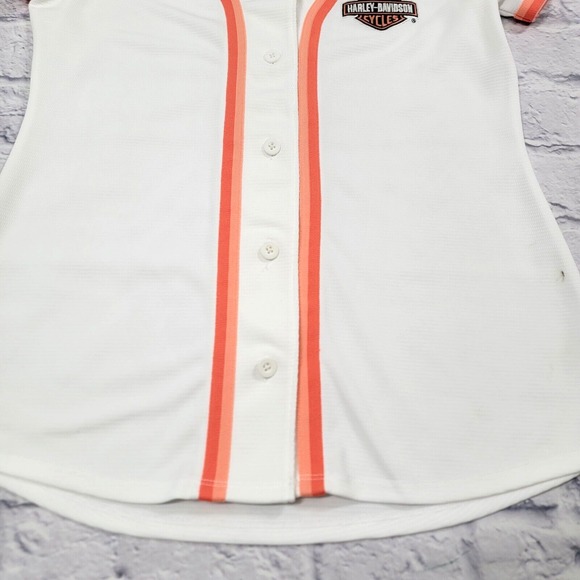 Harley Davidson Baseball T-Shirt Tee Stripe White Orange Dallas sz Medium Button - Picture 2 of 10